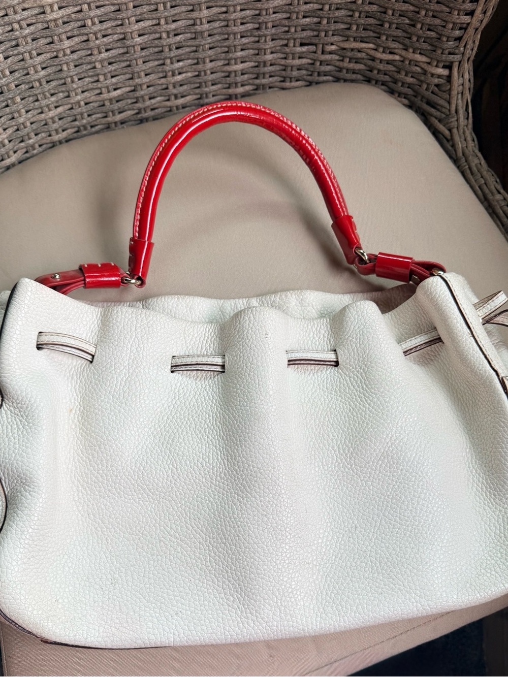 Kate Spade White Pebble Leather Shoulder Bag with Red patent Handle - Women Bags